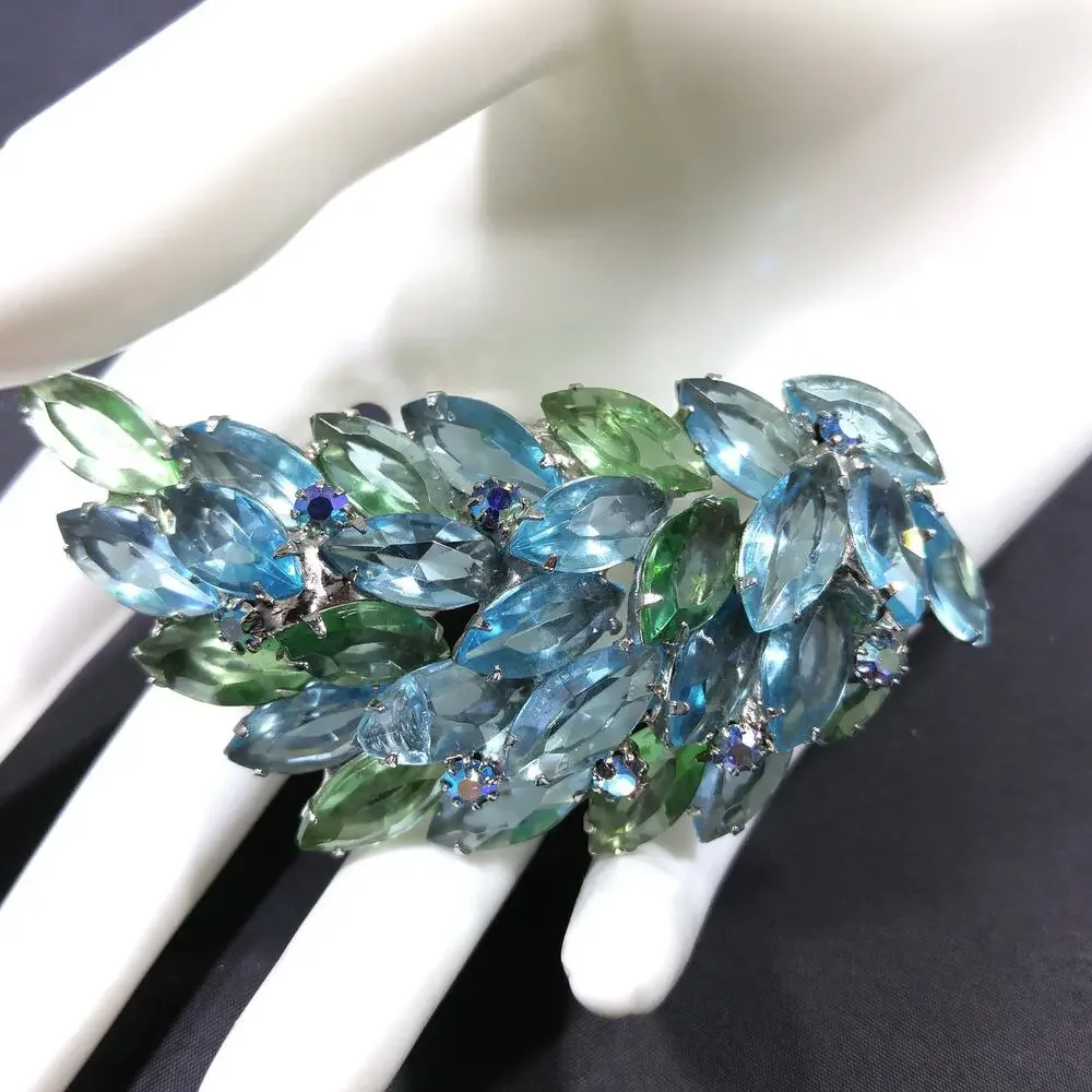 Vintage Juliana Style Blue Green Rhinestone Spray Brooch AB Open Back